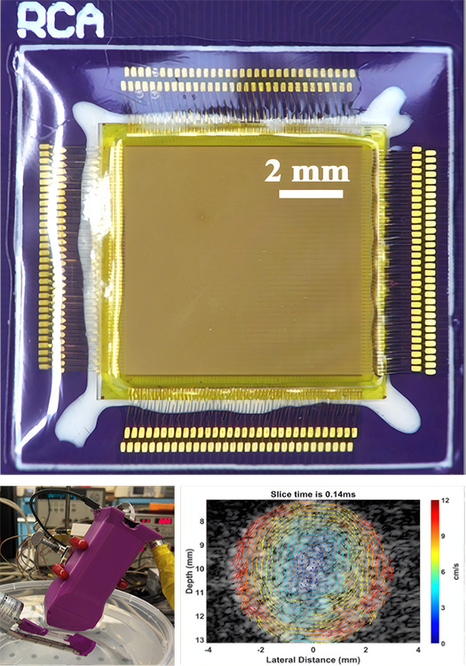 composite image of 1. closeup view of chip, 2. a purple device in a laboratory, and 3. a computerized display of a test result